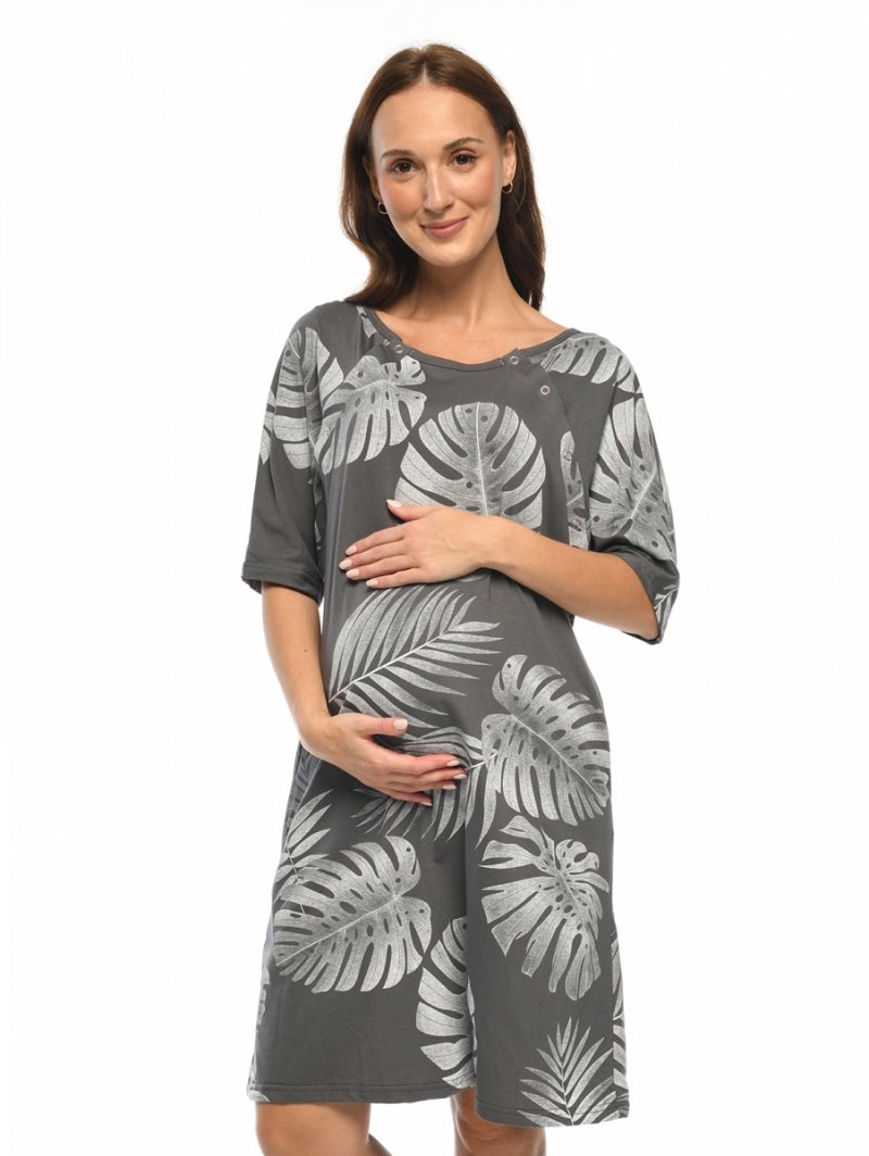 MijaCulture - koszula do porodu 4128  grafit/palmy