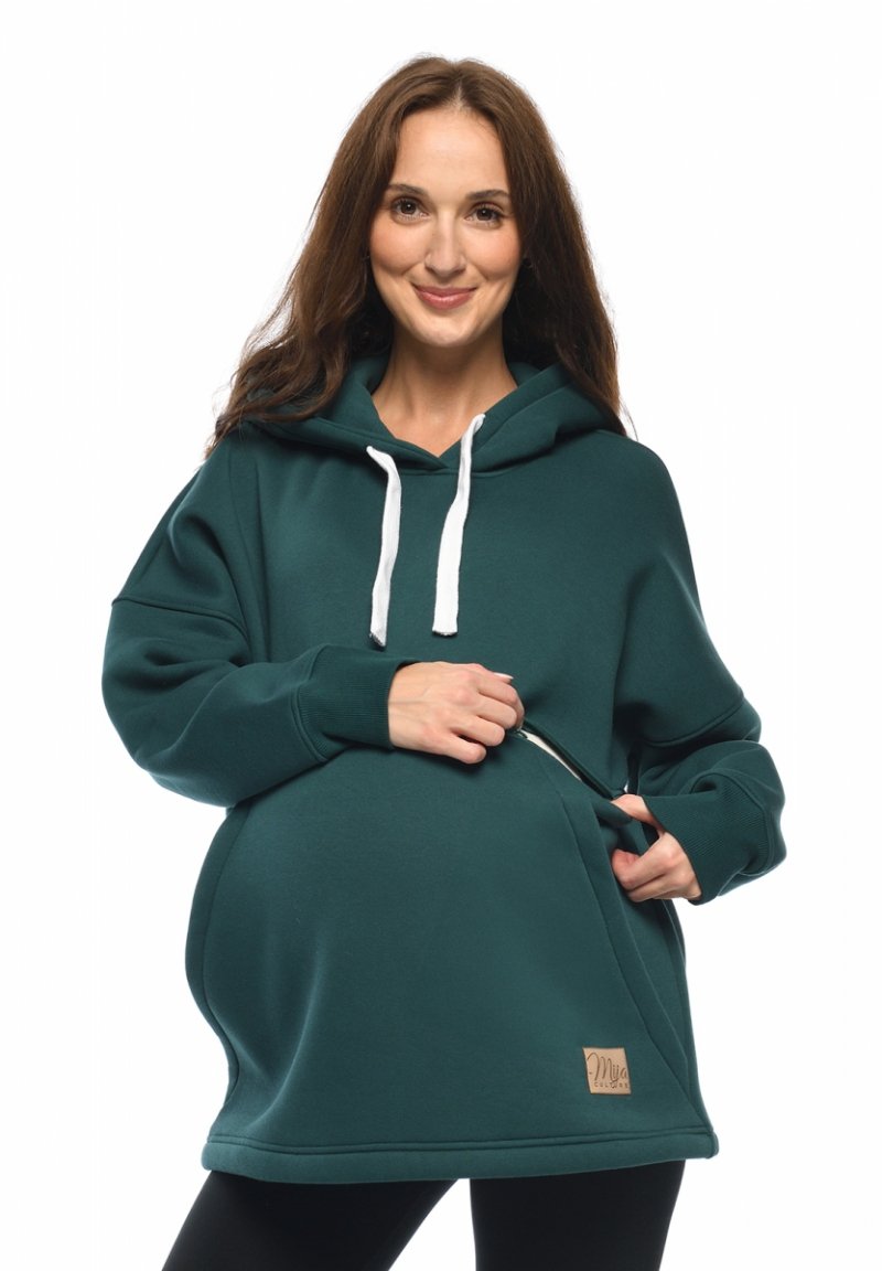 MijaCulture - 3 w 1 ciepła bluza oversize ciążowa i do karmienia z kapturem „Megan ” M0121 Zielona