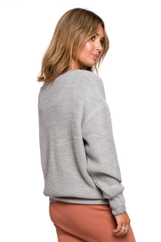 Be Knit BK075 Sweter z dekoltem w serek - szary