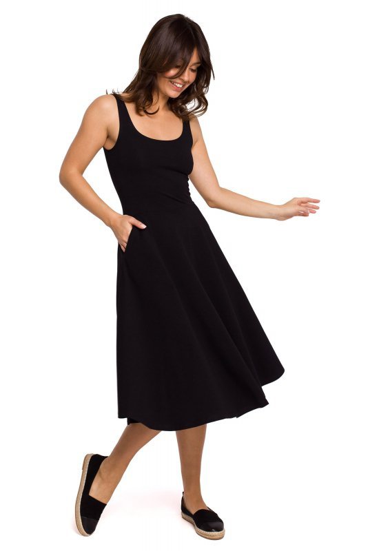 BeWear B218 Sukienka rozkloszowana na cienkich ramiączkach - czarna