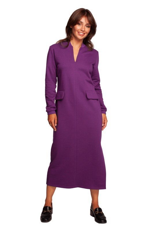 BeWear B242 Sukienka maxi z dekoracyjnymi klapami - purpurowa