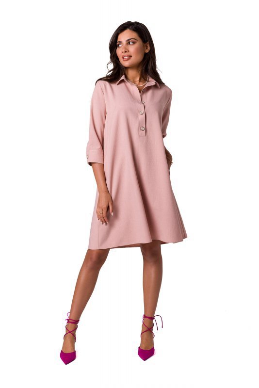 BeWear B257 Sukienka koszulowa z poszerzonym dołem - różowa
