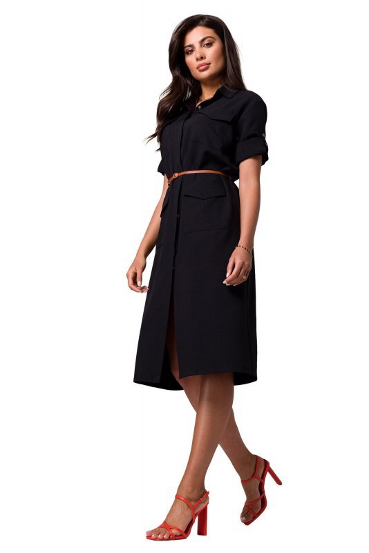 BeWear B258 Sukienka szmizjerka z kieszeniami i paskiem - czarna
