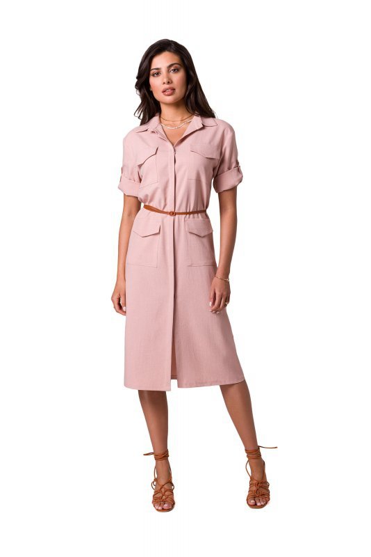 BeWear B258 Sukienka szmizjerka z kieszeniami i paskiem - różowa