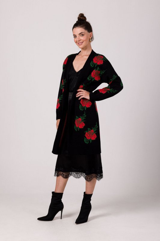 Be Knit BK102 Długi kardigan w róże - czarny