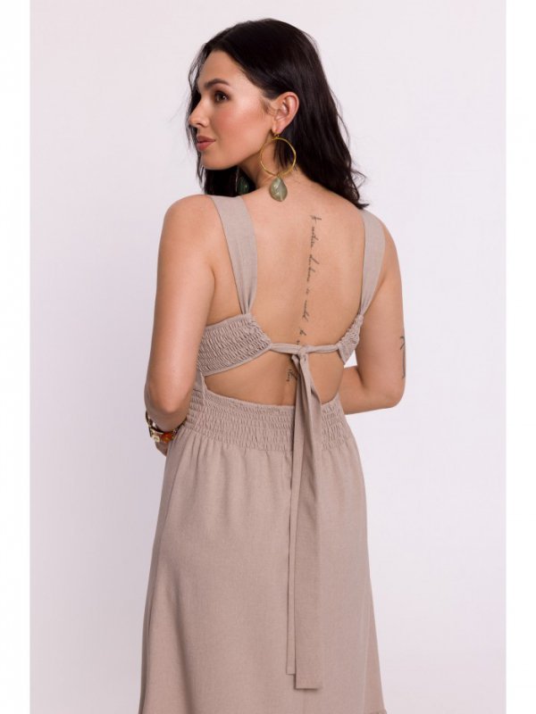 BeWear B281 Sukienka z gumowanym paskiem i wiązaniem na plecach - beżowa