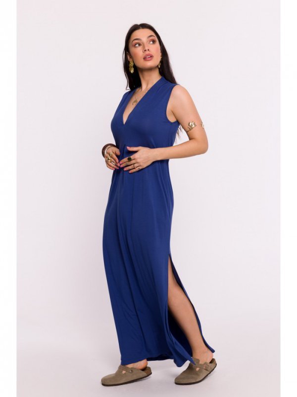 BeWear B284 Sukienka wiskozowa maxi z zakładką - niebieska