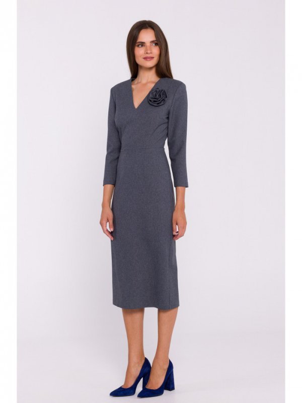 Stylove S372 Sukienka midi z kwiatkiem - szara