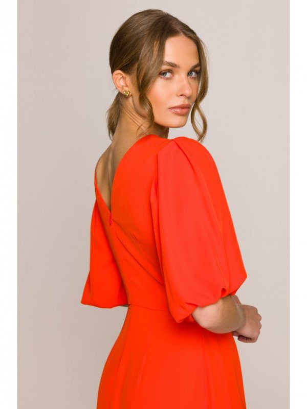 Stylove S399 Sukienka z bufiastymi rękawami - koralowa