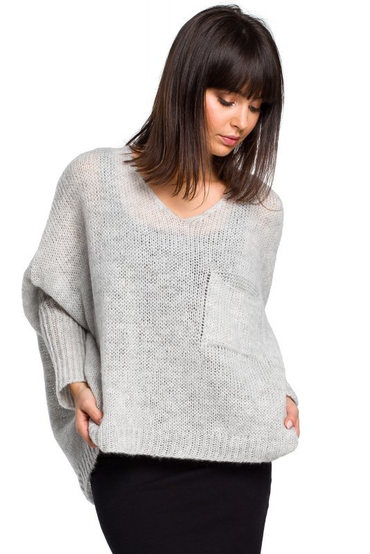 Be Knit BK018 Luźny sweter z kieszenią - popielaty