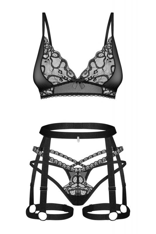 Obsessive Blomentis 3-pcs set bielizna nocna komplet biustonosz + stringi + pas do pończoch