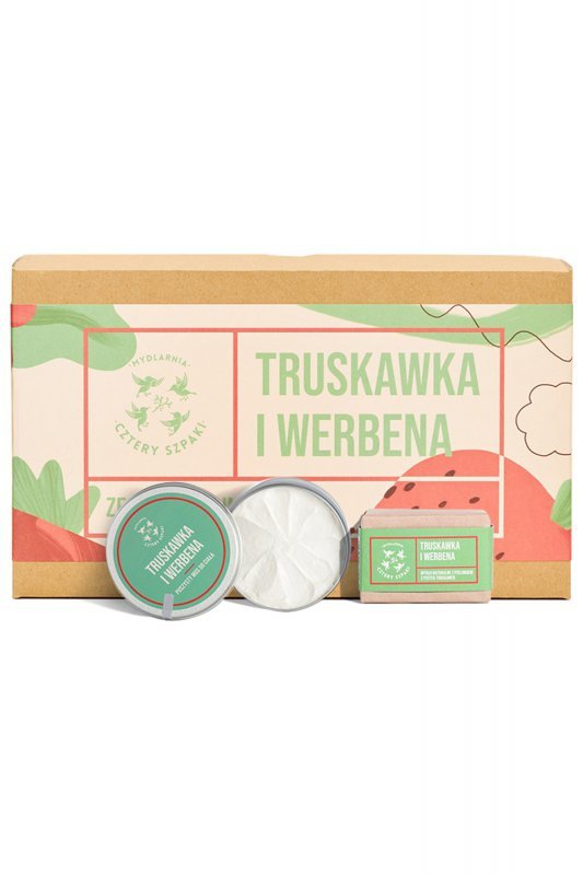 Mydlarnia Cztery Szpaki Zestaw Mydło w kostce + Mus do ciała Truskawka i Werbena kosmetyki zestaw do pielęgnacji