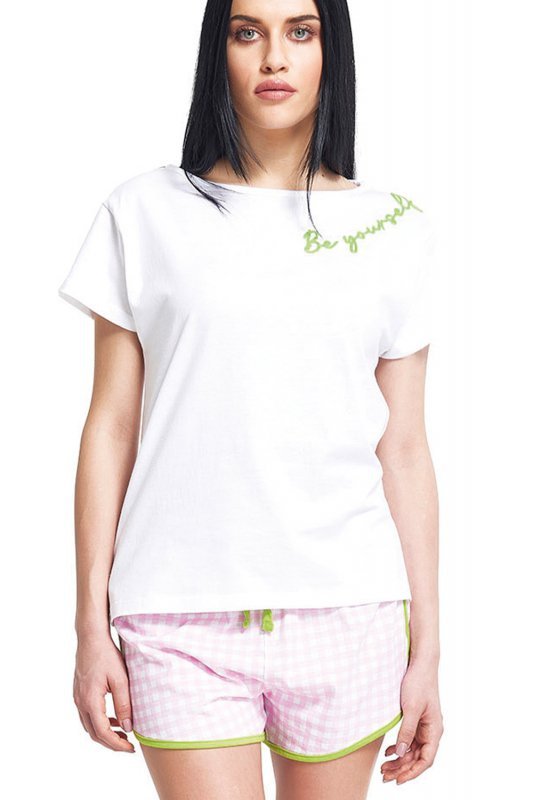 Sorbetto SUNARI Krótka Piżama Damska z Zielonym Haftem 100% Bawełna, róż