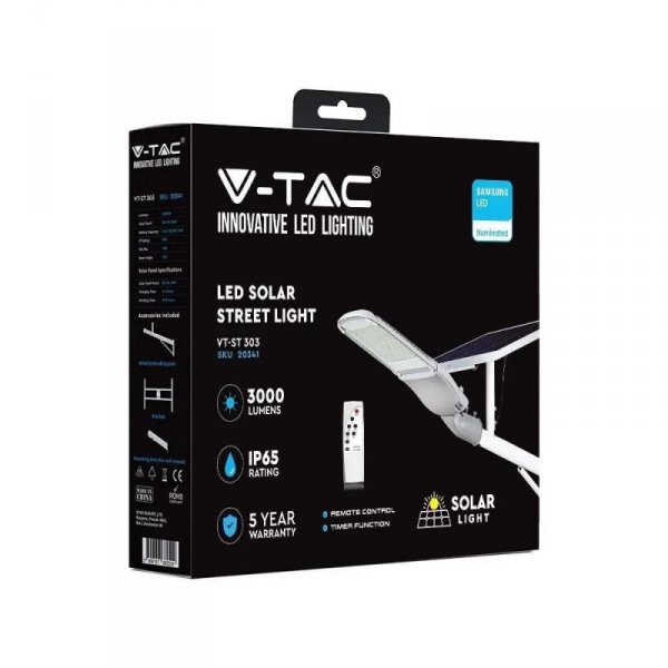 Oprawa Uliczna LED Solarna V-TAC SAMSUNG CHIP 50W Biała IP65 LiFePo4 VT-ST303 4000K 3000lm 3 Lata Gwarancji