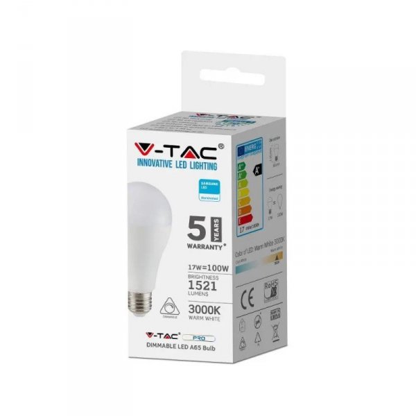 Żarówka LED V-TAC SAMSUNG CHIP 17W E27 A65 Ściemnialna VT-217D 6400K 5 Lat Gwarancji