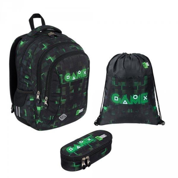 ZESTAW PLECAK 3 KOMOROWY PIÓRNIK WOREK NA OBUWIE GREEN GAME