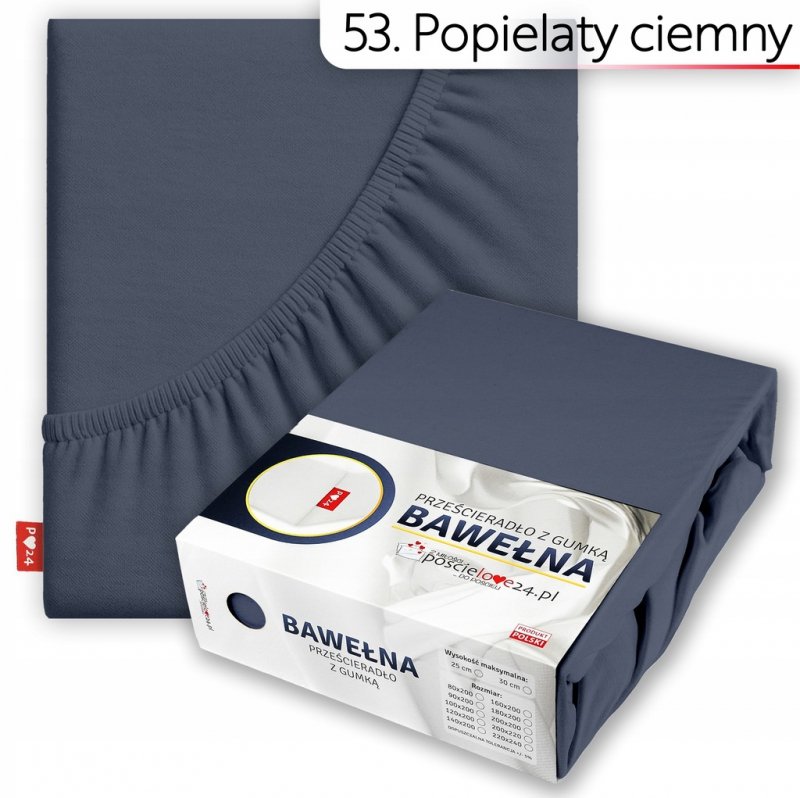 Prześcieradło 220x240 z Gumką GRUBA Bawełna Premium Bok 30 cm Popiel ciemny