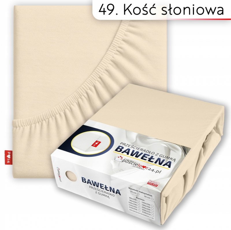 Prześcieradło 200x200 z Gumką GRUBA Bawełna Premium Bok 30 cm Kość słoniowa