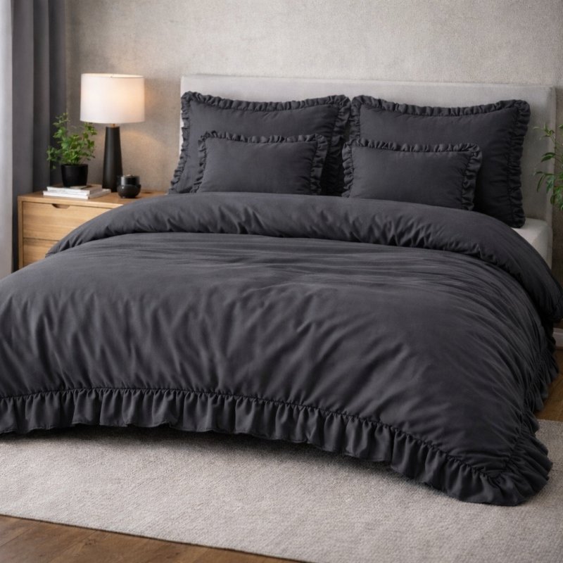 POŚCIEL 200x220 Z FALBANĄ KOMPLET 3 CZĘŚCIOWY MIKROFIBRA KOLOR GRAFIT