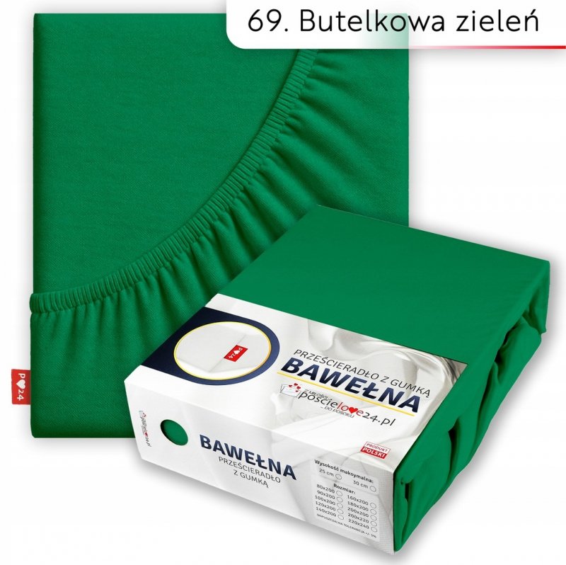 Prześcieradło 90x200 z Gumką GRUBA Bawełna Premium Bok 30 Butelkowa zieleń