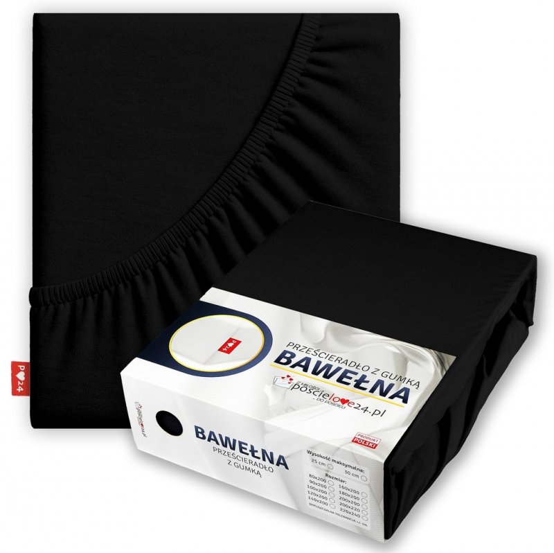 Prześcieradło 140x200 z Gumką GRUBA Bawełna Premium Bok 30 cm Czarny
