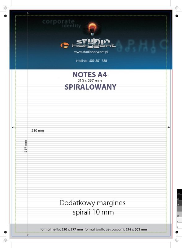 Notes spiralowany A4, 4/0, Ilość kart: 50, Kreda mat 300 g (okładka foliowana) + Offset 80 g (Środek), Metalowa spirala - 500 sztuk