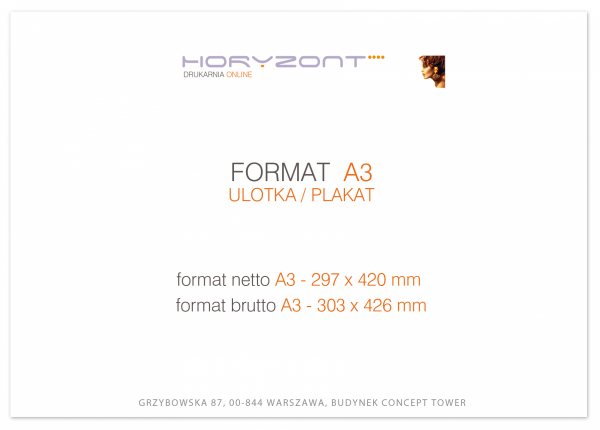 ulotka A3, druk pełnokolorowy obustronny 4+4, na papierze kredowym, 250 g, 125 sztuk