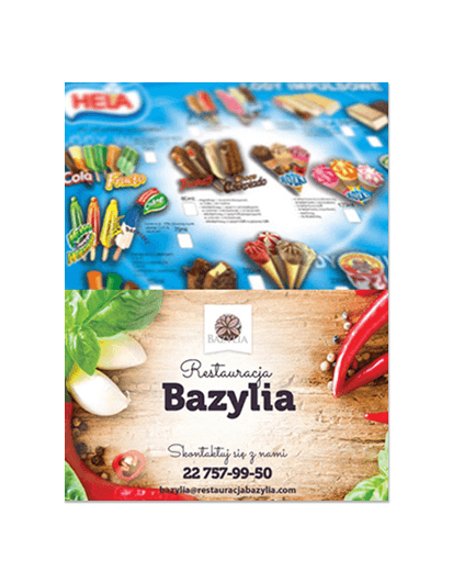 ulotka A3 składana do A4, druk pełnokolorowy obustronny 4+4, na papierze kredowym, 130 g, 125 sztuk