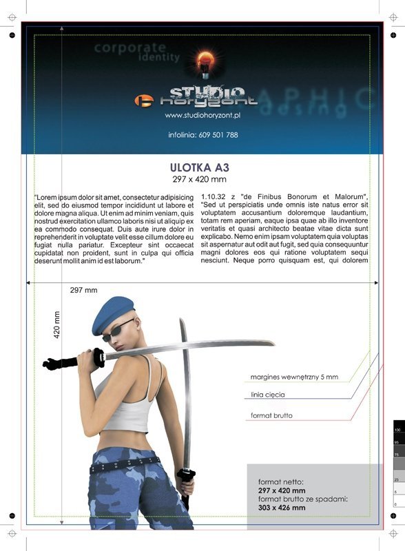 ulotka A3, druk pełnokolorowy obustronny 4+4, na papierze offsetowym 170 g, 300 sztuk