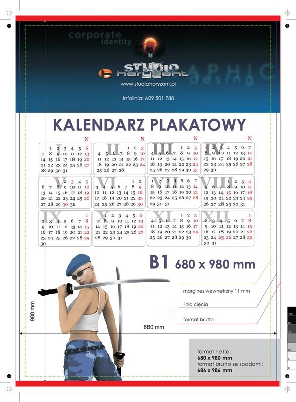 kalendarze planszowe B1 - 170 g, druk jednostronny, pełnokolorowy 4+0, na papierze kredowym, listwy z zawieszką góra dół po krótkim boku, 400 sztuk