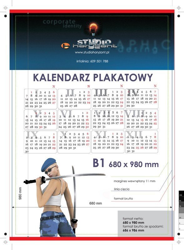 Kalendarze planszowe B1 (980 x 680 mm) - karton 300g, druk jednostronny, pełnokolorowy 4+0, listwy srebrne góra - dół - 250 sztuk