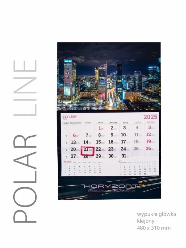 	Kalendarz jednodzielny Polar Line z wypukłą główką, 310 x 480 mm, Karton 250g, Folia błysk jednostronnie, całość 310 x 480 mm, druk pełnokolorowy 4+0, 1 blok kalendarium 3-miesięczne, okienko - 25 sztuk