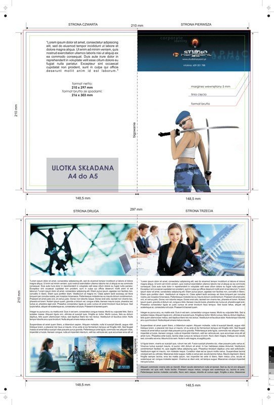 ulotka A4 składana do A5, druk pełnokolorowy obustronny 4+4, na papierze kredowym, 130 g, 125 sztuk