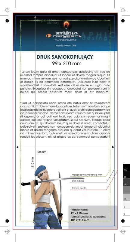 Druk samokopiujacy DL, Druk jednostronny kolorowy 4+0, klejenie górnej krawędzi, stron w bloczku 25, oryginał + kopia, - 90 kpt.