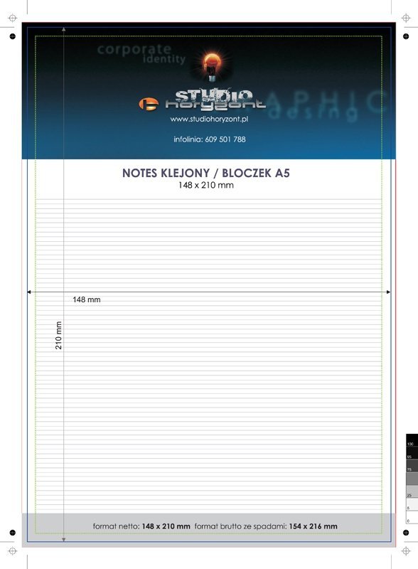 notes A5 (210 x 148 mm), druk jednostronny pełnokolorowy 4+0, offset 80 g, 100 kart, 600 sztuk