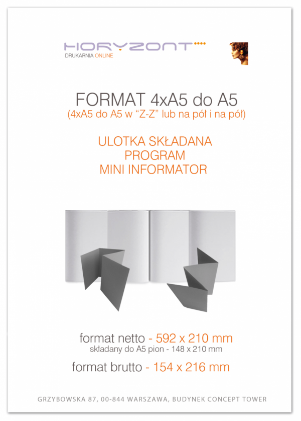 ulotka 4xA5 składana do A5, druk pełnokolorowy obustronny 4+4, na papierze kredowym, 130 g, 2500 sztuk