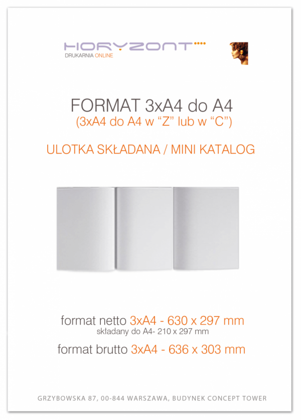 ulotka 3A4 składana do A4, druk pełnokolorowy obustronny 4+4, na papierze kredowym, 250 g, 75 sztuk
