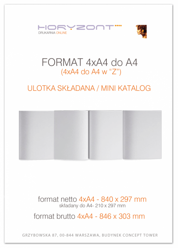 ulotka 4xA4 składana do A4, druk pełnokolorowy obustronny 4+4, na papierze kredowym, 130 g, 800 sztuk 