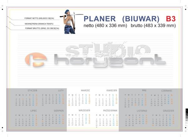 Podkład na biurko - biuwar B3 - 480 x 336 mm, offset 80g + karton na spód, 4+0, 26 kart, klejenie dolnej krawędzi - 700 sztuk