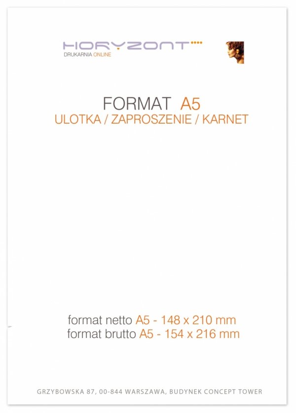 Szablon formatu A5 - netto / brutto. 148 x 210 mm. Plik pdf do pobrania.