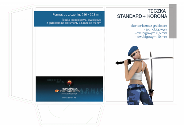 teczka Standard+ Korona, druk pełnokolorowy jednostronny 4+0, foliowane mat + uv, kreda mat 350 g, 500 sztuk