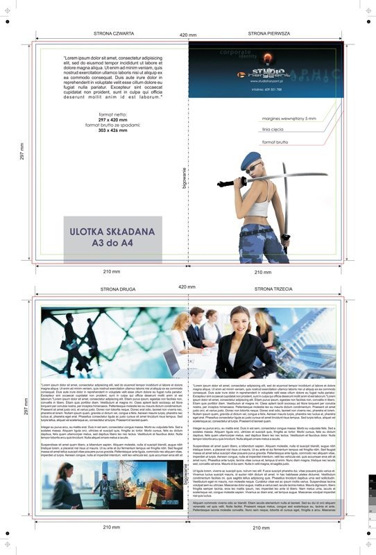 ulotka A3 składana do A4, druk pełnokolorowy obustronny 4+4, na papierze kredowym, 130 g, 125 sztuk