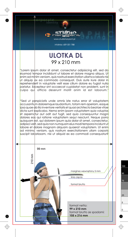 ulotka DL, 99 x 210 mm, wysyłka następny dzień, druk pełnokolorowy obustronny 4+4, na papierze kredowym, 130 g, 75 sztuk 