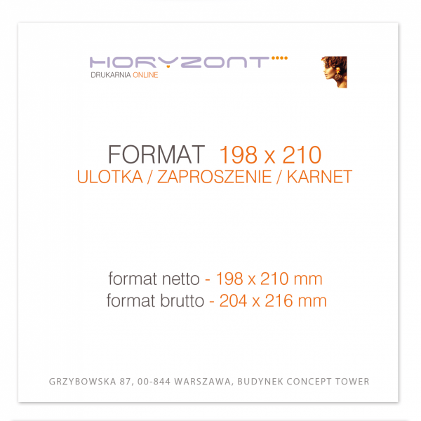 ulotka 198 x 210 mm, druk pełnokolorowy obustronny 4+4, na papierze kredowym, 130 g, tryb ekspres 1000 sztuk