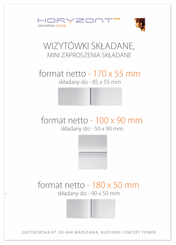 wizytówki 100 x 90 składane do 50 x 90 mm, 1 big pionowo, druk dwustronny, kreda 350 g - 250 sztuk  