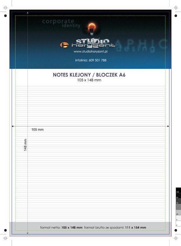 notes A6, druk pełnokolorowy jednostronny 4+0, na papierze offset 80 g, 50 kart, 100 sztuk