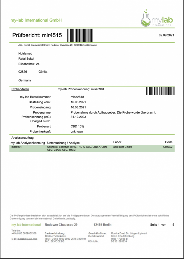 CBD 10 % badania laboratoryjne my-lab International GmbH 