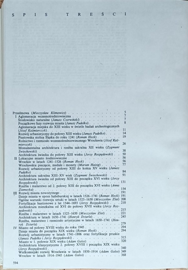 Zygmunt Świechowski  Wrocław - jego dzieje i kultura - spis treści