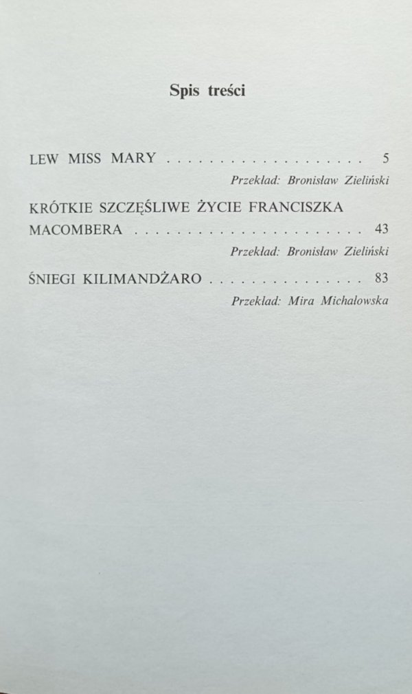 Ernest Hemingway • Lew Miss Mary - spis treści