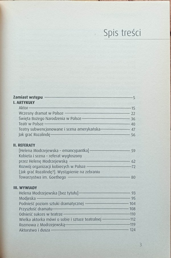 Emil Orzechowski • Helena Modrzejewska. Artykuły, referaty, wywiady, varia - spis treści